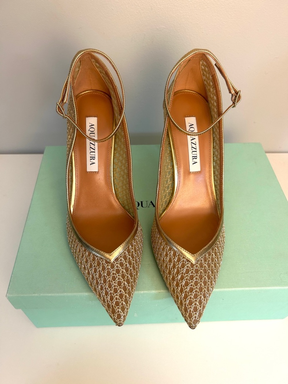 Aquazzura Asha Mesh Pump 85 Metallic Gold Pointed Toe AUTHENTIC - Picture 2 of 11
